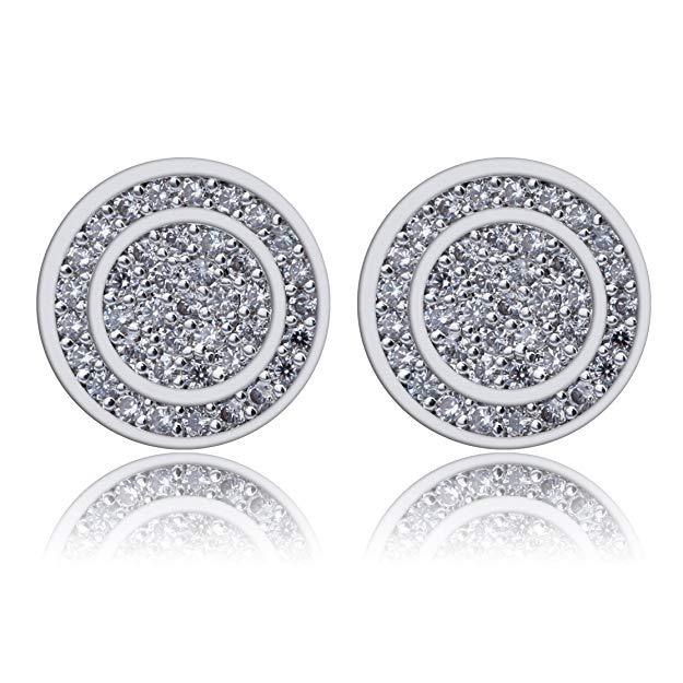 Elegant Pave Disc Stud Earrings embellished with certified crystals, crafted in 18K white gold plating, showcasing a luxurious and timeless design.