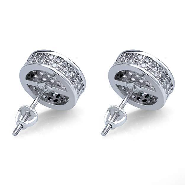 Elegant Pave Disc Stud Earrings embellished with certified crystals, crafted in 18K white gold plating, showcasing a luxurious and timeless design.