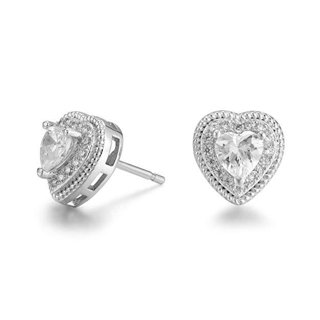 Pave Halo Heart Stud Earrings in 18K white gold, embellished with certified crystals, showcasing a luxurious and elegant design.