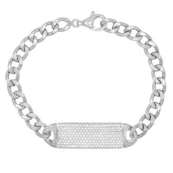 Pave ID Link Curb Chain Bracelet in 18K white gold plating, featuring a lobster clasp and elegant curb chain design.