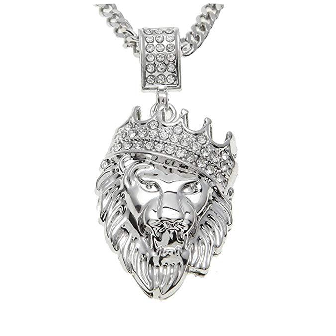 Pave King of the Jungle Lion Crown Pendant Necklace in 18K White Gold, featuring intricate detailing and a luxurious design.