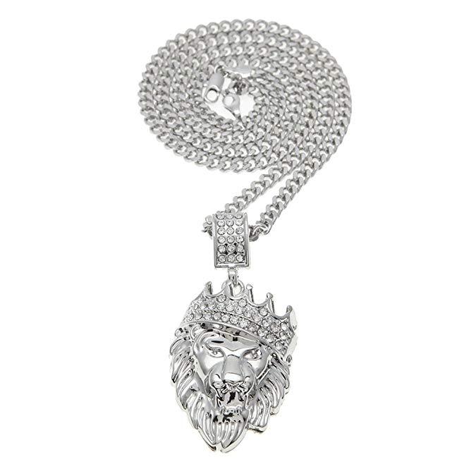 Pave King of the Jungle Lion Crown Pendant Necklace in 18K White Gold, featuring intricate detailing and a luxurious design.