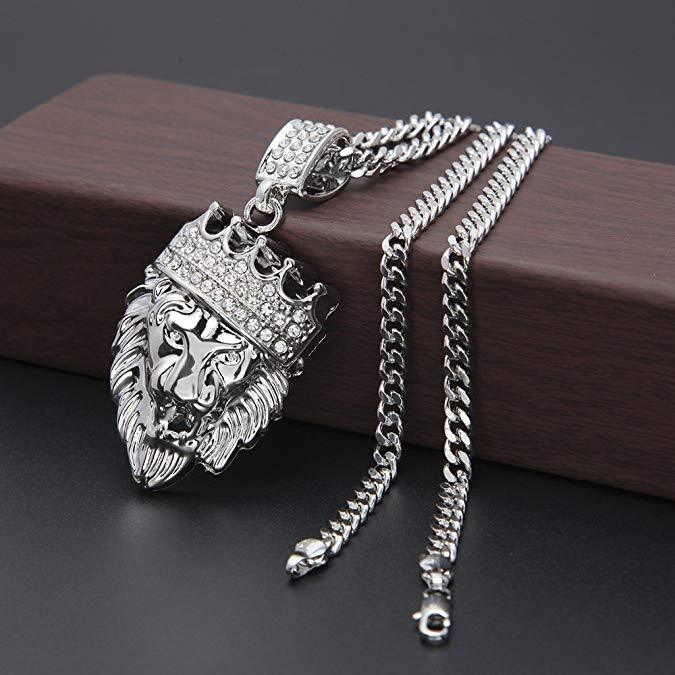 Pave King of the Jungle Lion Crown Pendant Necklace in 18K White Gold, featuring intricate detailing and a luxurious design.