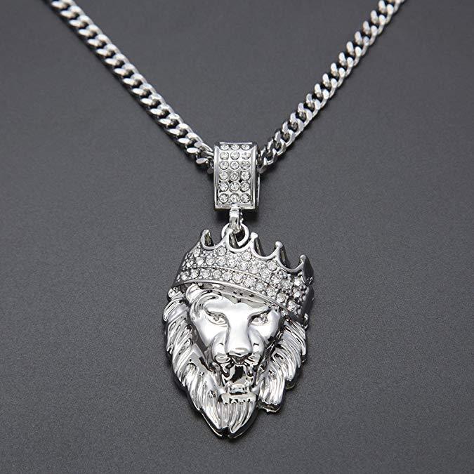 Pave King of the Jungle Lion Crown Pendant Necklace in 18K White Gold, featuring intricate detailing and a luxurious design.