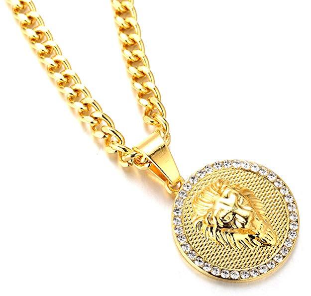 Pave King of the Jungle Lion Pendant Medallion Necklace in 18K Gold Plated, featuring intricate pave detailing and a lobster clasp.