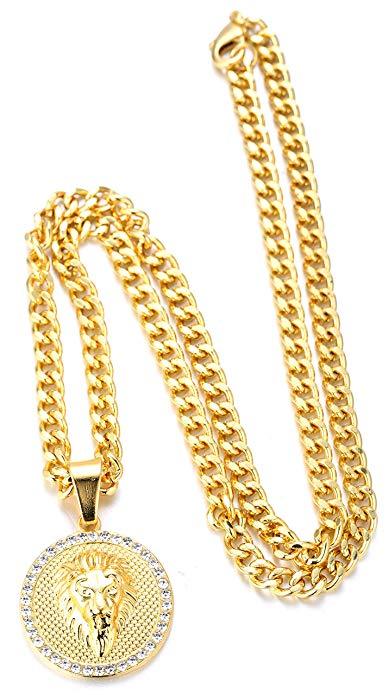 Pave King of the Jungle Lion Pendant Medallion Necklace in 18K Gold Plated, featuring intricate pave detailing and a lobster clasp.