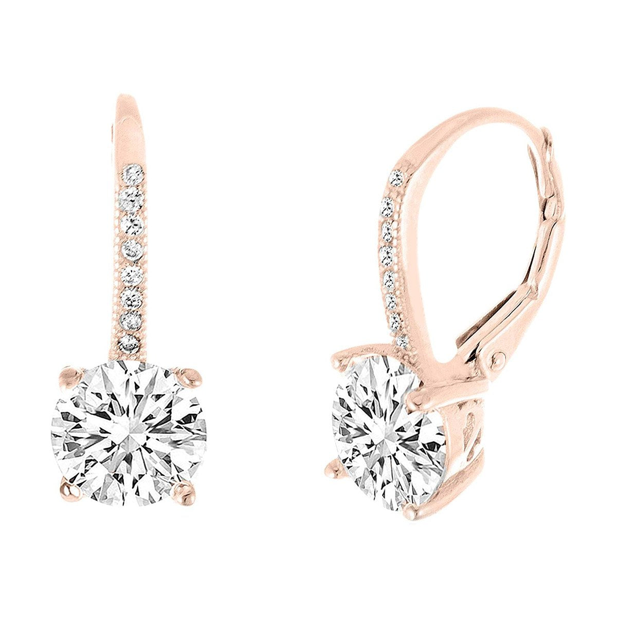 Elegant Pave Leverback Earrings in 18K Gold featuring sparkling Elements, available in white, yellow, and rose gold tones.