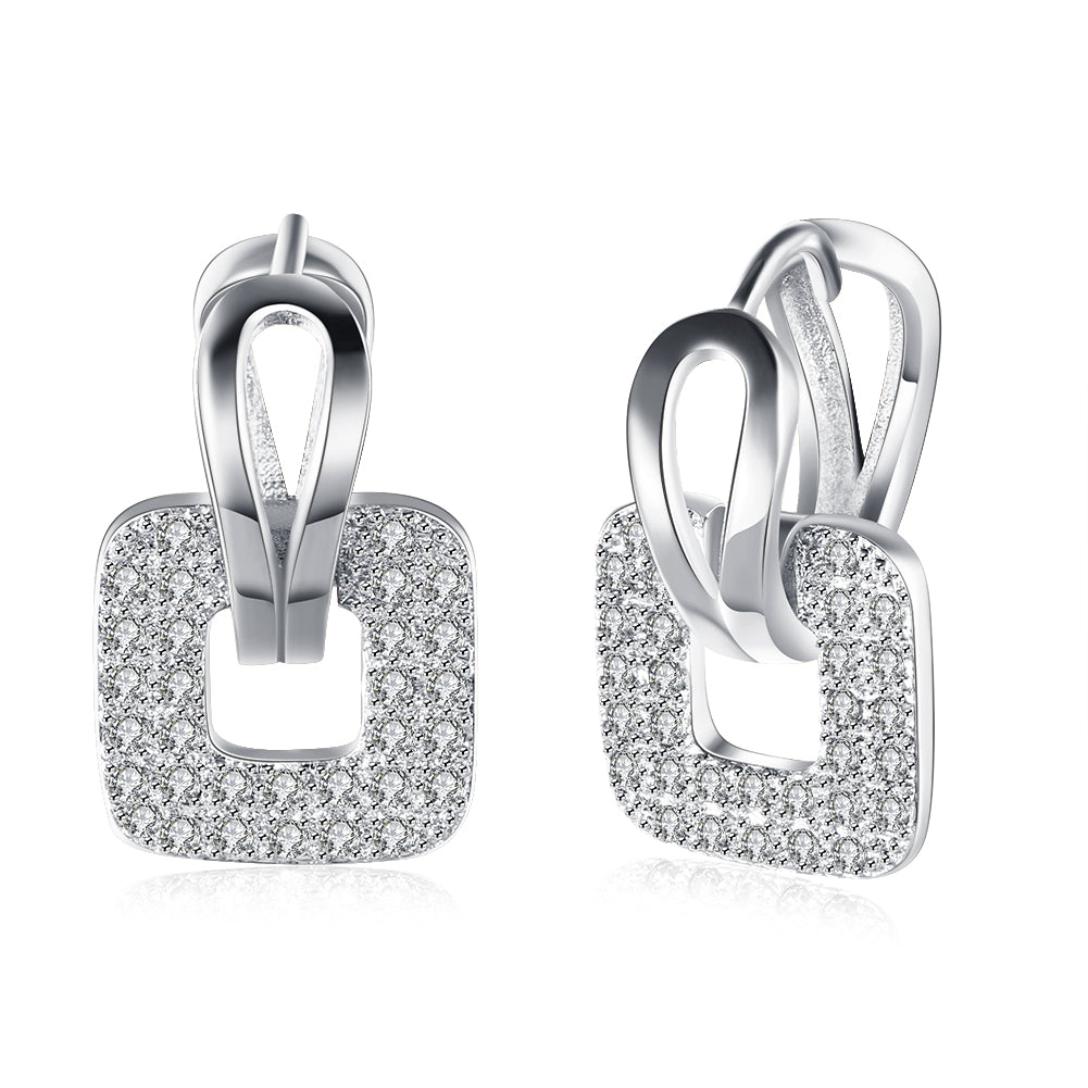 Elegant Pave Square Huggie Earring in 18K white gold plating, showcasing a sparkling pave design.