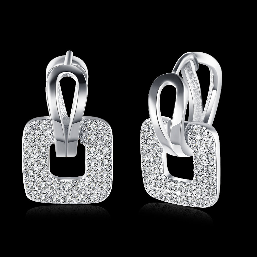 Elegant Pave Square Huggie Earring in 18K white gold plating, showcasing a sparkling pave design.