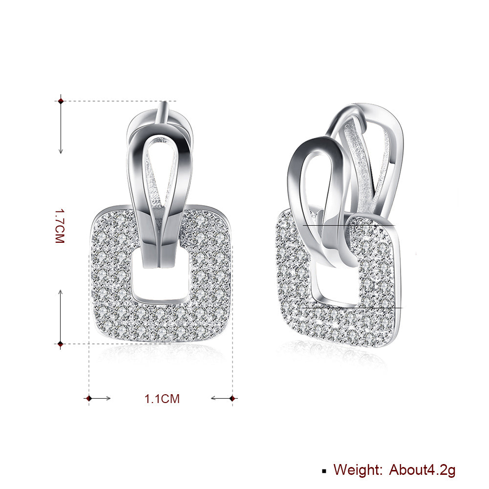 Elegant Pave Square Huggie Earring in 18K white gold plating, showcasing a sparkling pave design.