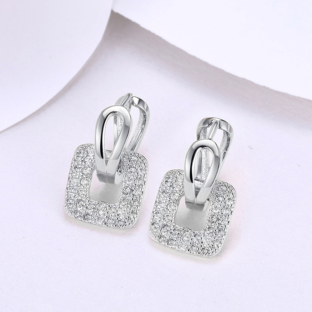 Elegant Pave Square Huggie Earring in 18K white gold plating, showcasing a sparkling pave design.