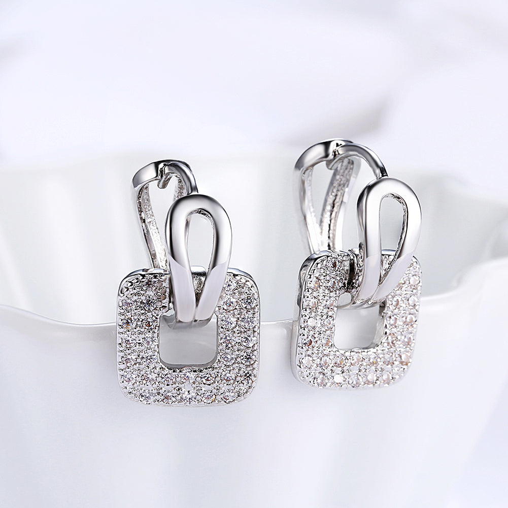 Elegant Pave Square Huggie Earring in 18K white gold plating, showcasing a sparkling pave design.