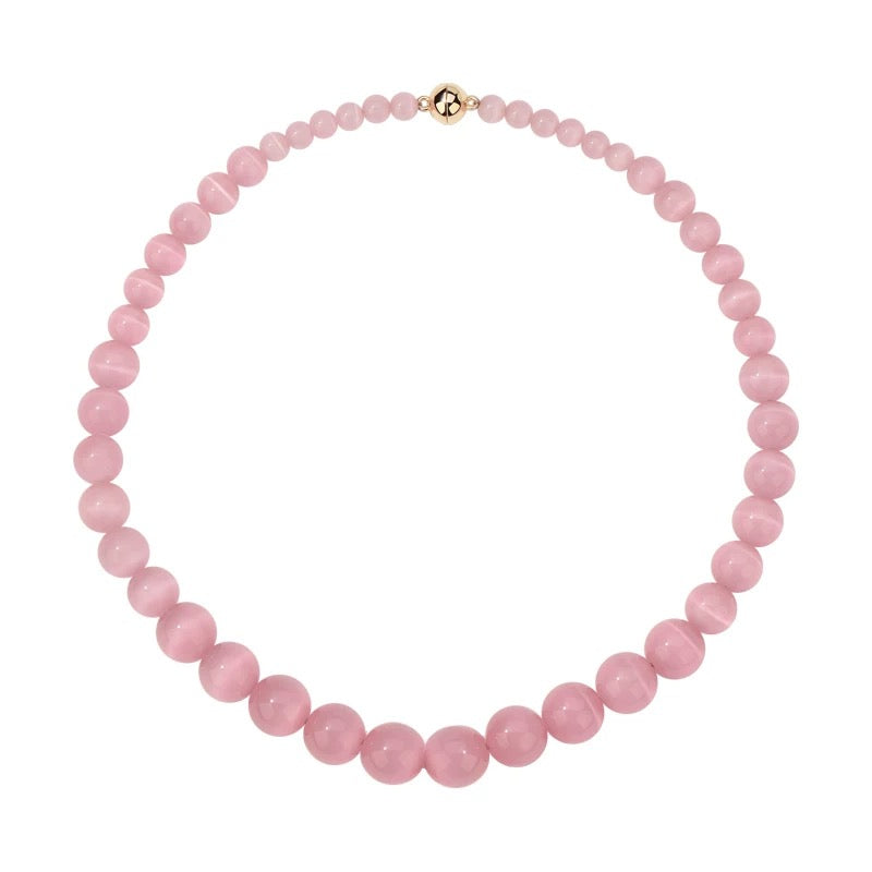 Peach Blossom Juicy Pink Cat's Eye Necklace featuring delicate pink stones, elegantly designed for summer fashion.