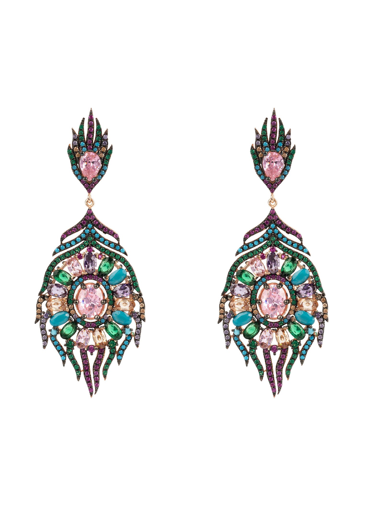 Elegant rose gold peacock feather gemstone earrings with colorful zircons, showcasing intricate filigree design.