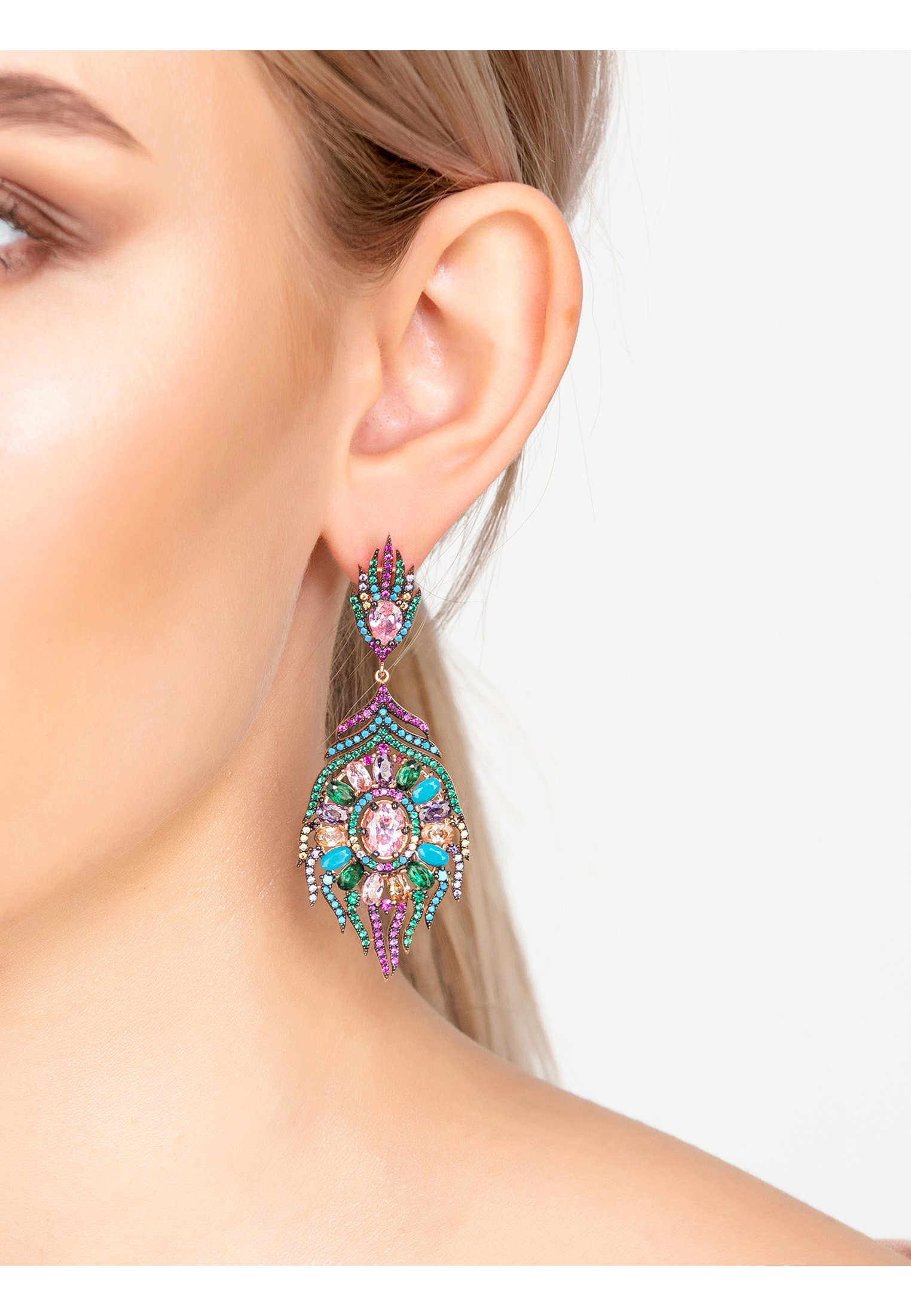 Elegant rose gold peacock feather gemstone earrings with colorful zircons, showcasing intricate filigree design.