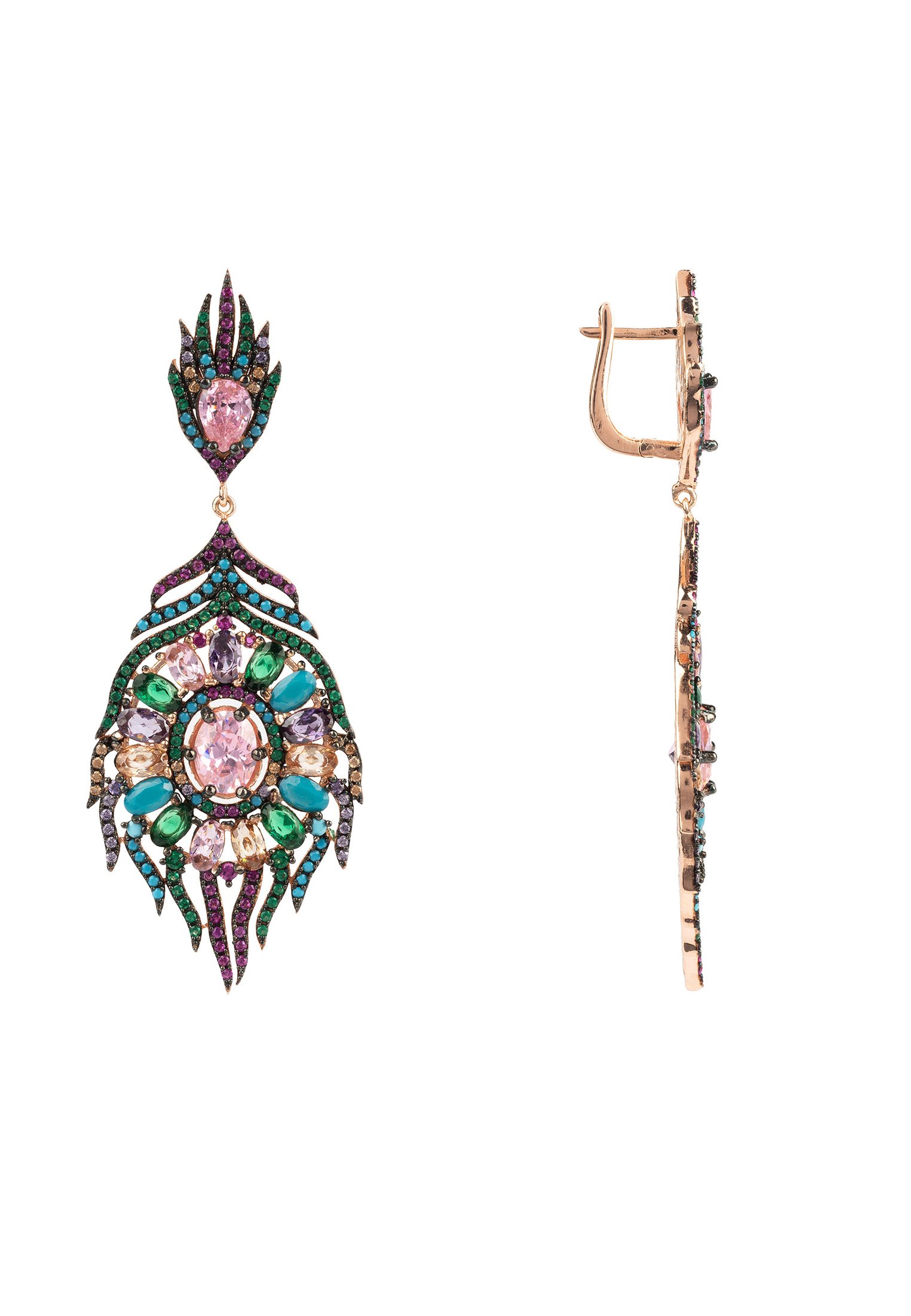 Elegant rose gold peacock feather gemstone earrings with colorful zircons, showcasing intricate filigree design.