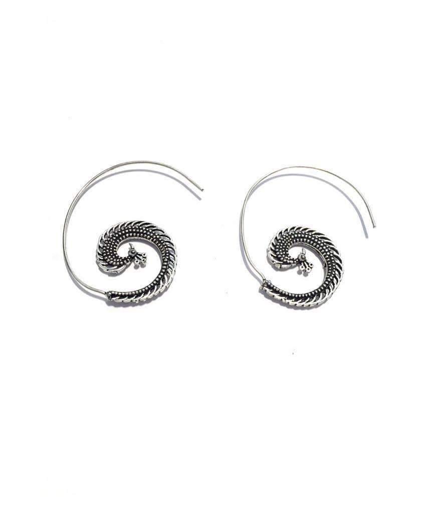 A pair of elegant Peacock Swirl Earrings made from brass and silver, featuring a unique swirl design, perfect for sensitive skin.