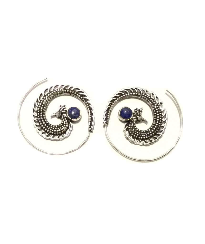 A pair of elegant Peacock Swirl Earrings made from brass and silver, featuring a unique swirl design, perfect for sensitive skin.