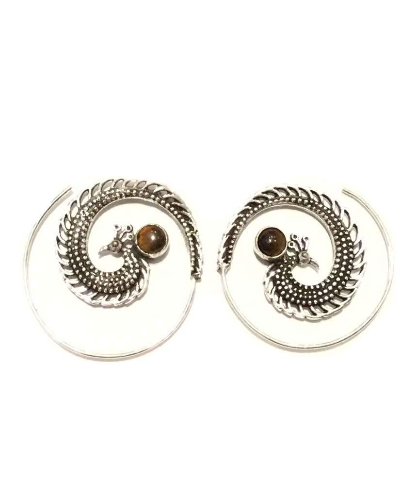 A pair of elegant Peacock Swirl Earrings made from brass and silver, featuring a unique swirl design, perfect for sensitive skin.