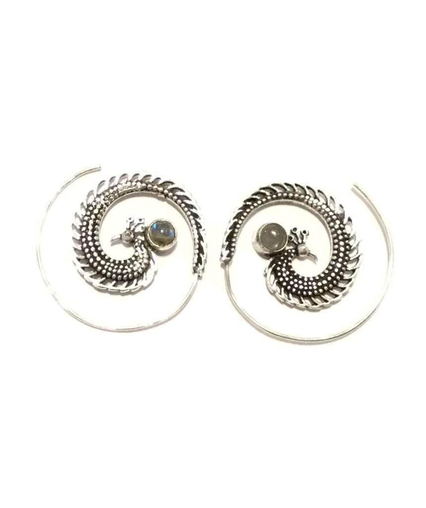 A pair of elegant Peacock Swirl Earrings made from brass and silver, featuring a unique swirl design, perfect for sensitive skin.