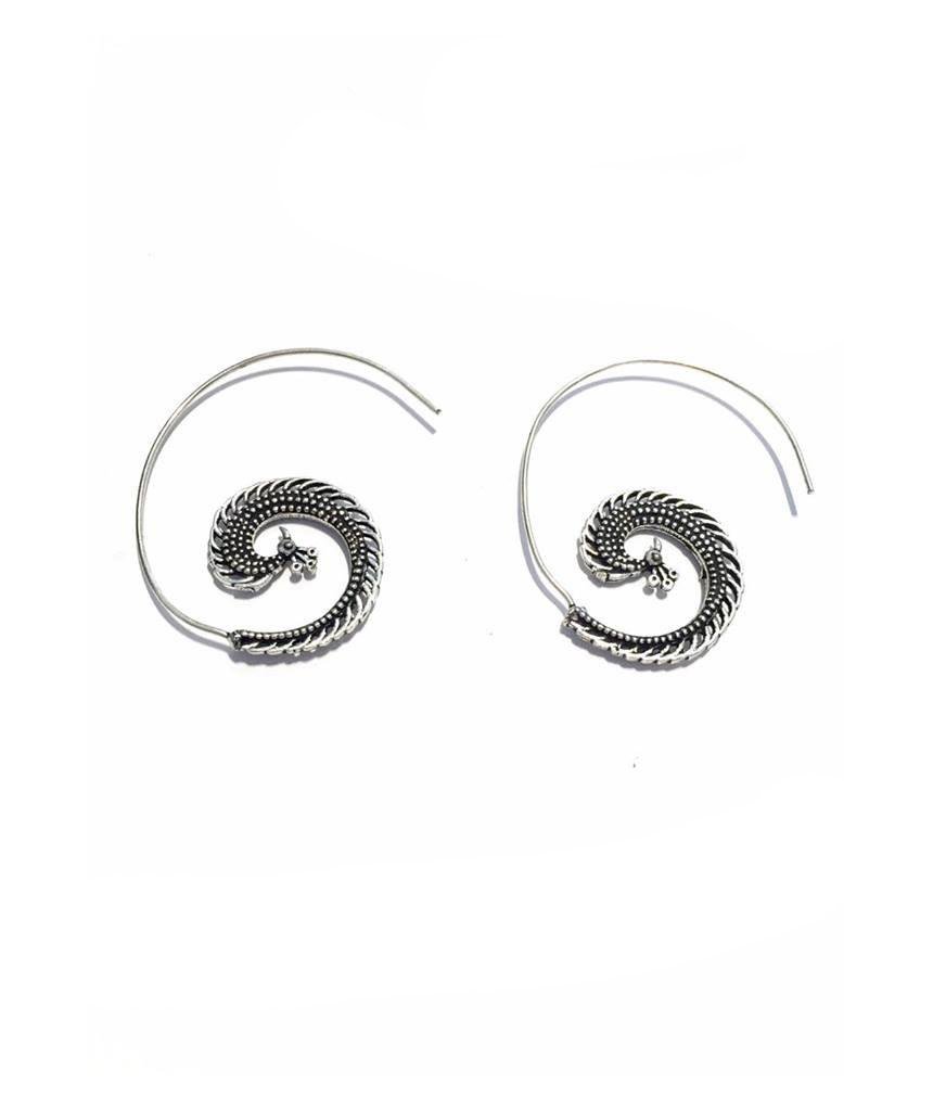 A pair of elegant Peacock Swirl Earrings made from brass and silver, featuring a unique swirl design, perfect for sensitive skin.