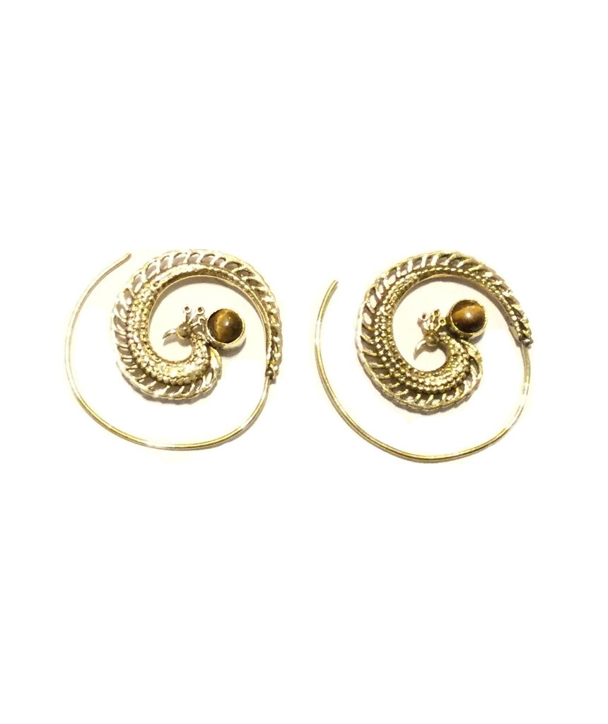 A pair of elegant Peacock Swirl Earrings made from brass and silver, featuring a unique swirl design, perfect for sensitive skin.