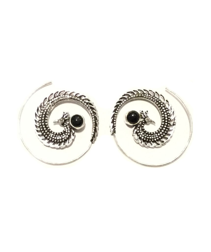 A pair of elegant Peacock Swirl Earrings made from brass and silver, featuring a unique swirl design, perfect for sensitive skin.