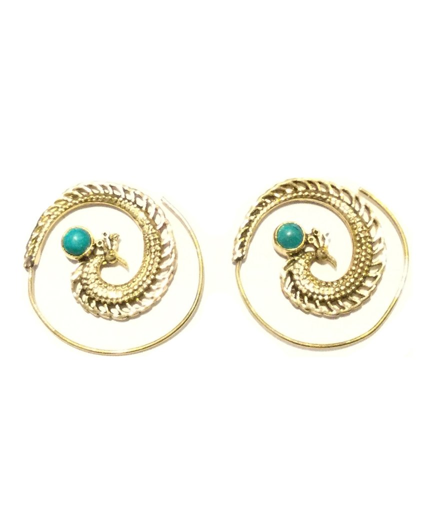 A pair of elegant Peacock Swirl Earrings made from brass and silver, featuring a unique swirl design, perfect for sensitive skin.