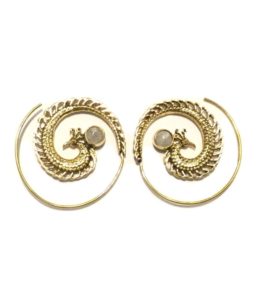 A pair of elegant Peacock Swirl Earrings made from brass and silver, featuring a unique swirl design, perfect for sensitive skin.