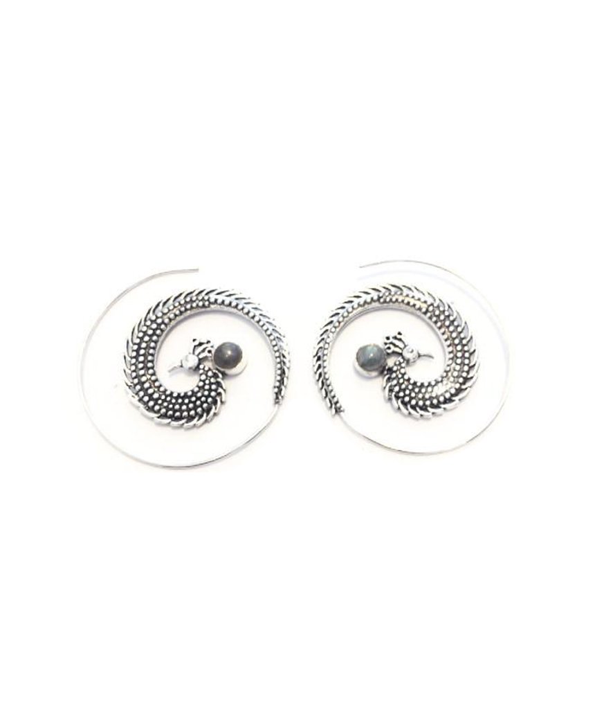 A pair of elegant Peacock Swirl Earrings made from brass and silver, featuring a unique swirl design, perfect for sensitive skin.