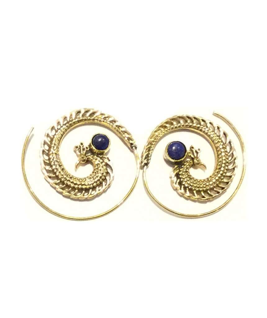 A pair of elegant Peacock Swirl Earrings made from brass and silver, featuring a unique swirl design, perfect for sensitive skin.