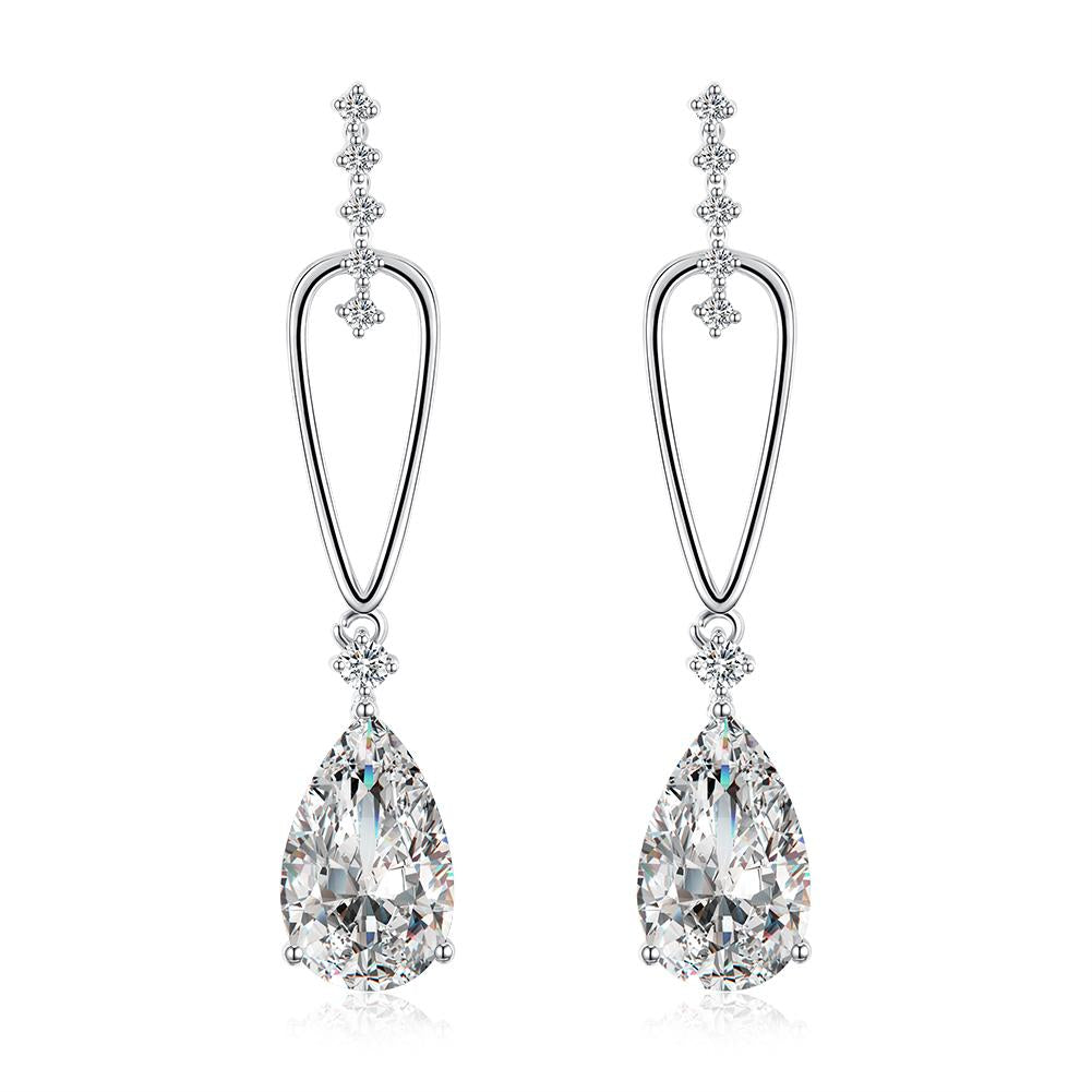 Elegant pear-shaped crystal dangling earrings set in 18K white gold, showcasing their stunning design and craftsmanship.