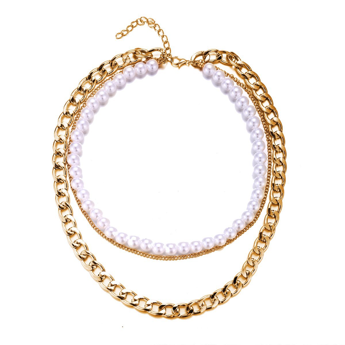 Elegant 18K gold plated necklace featuring pearl and curb link design, adjustable length with lobster clasp closure.