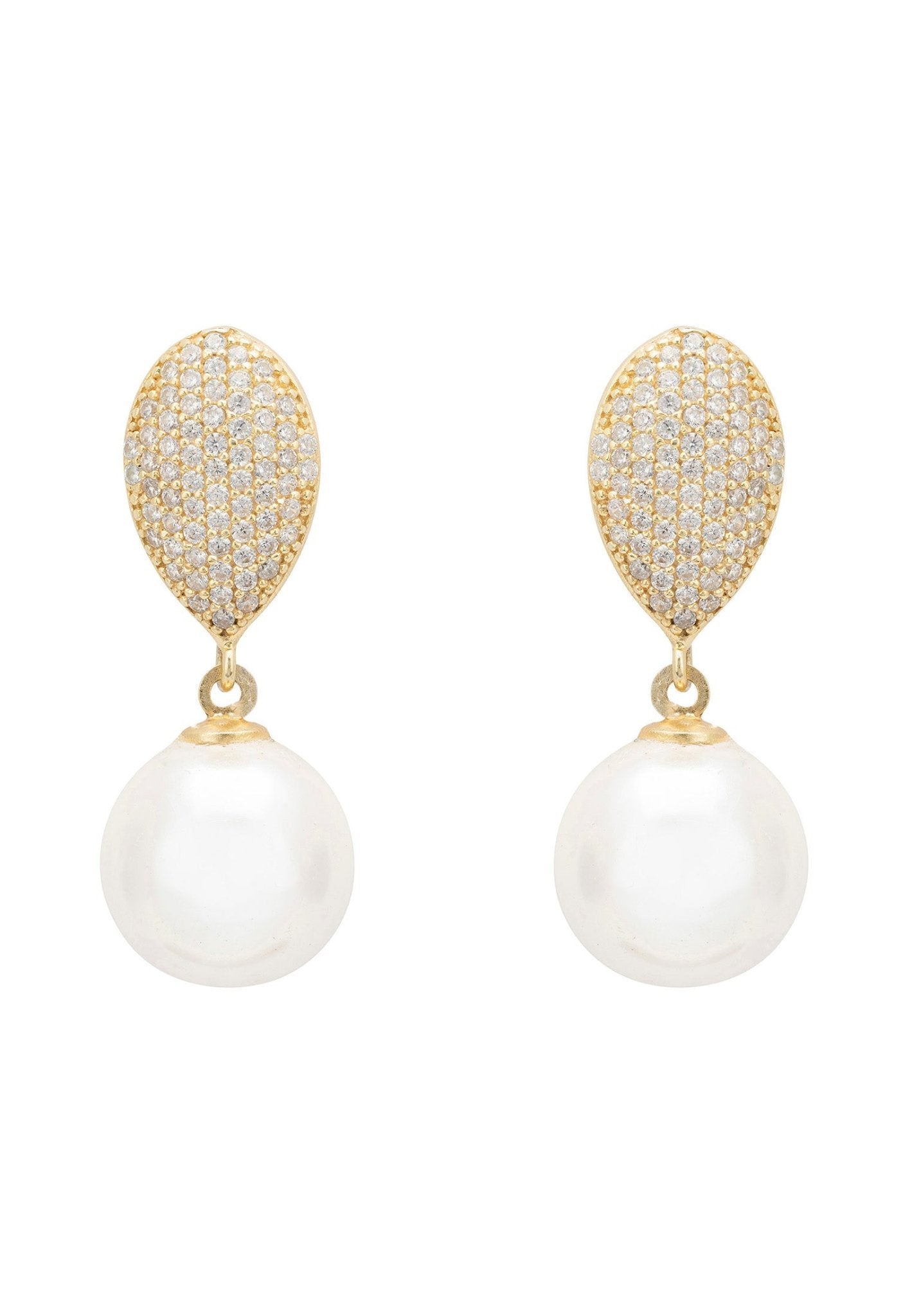 Elegant Pearl Classic Drop Earrings Gold featuring baroque pearls and zirconia accents, handcrafted in sterling silver with gold plating.