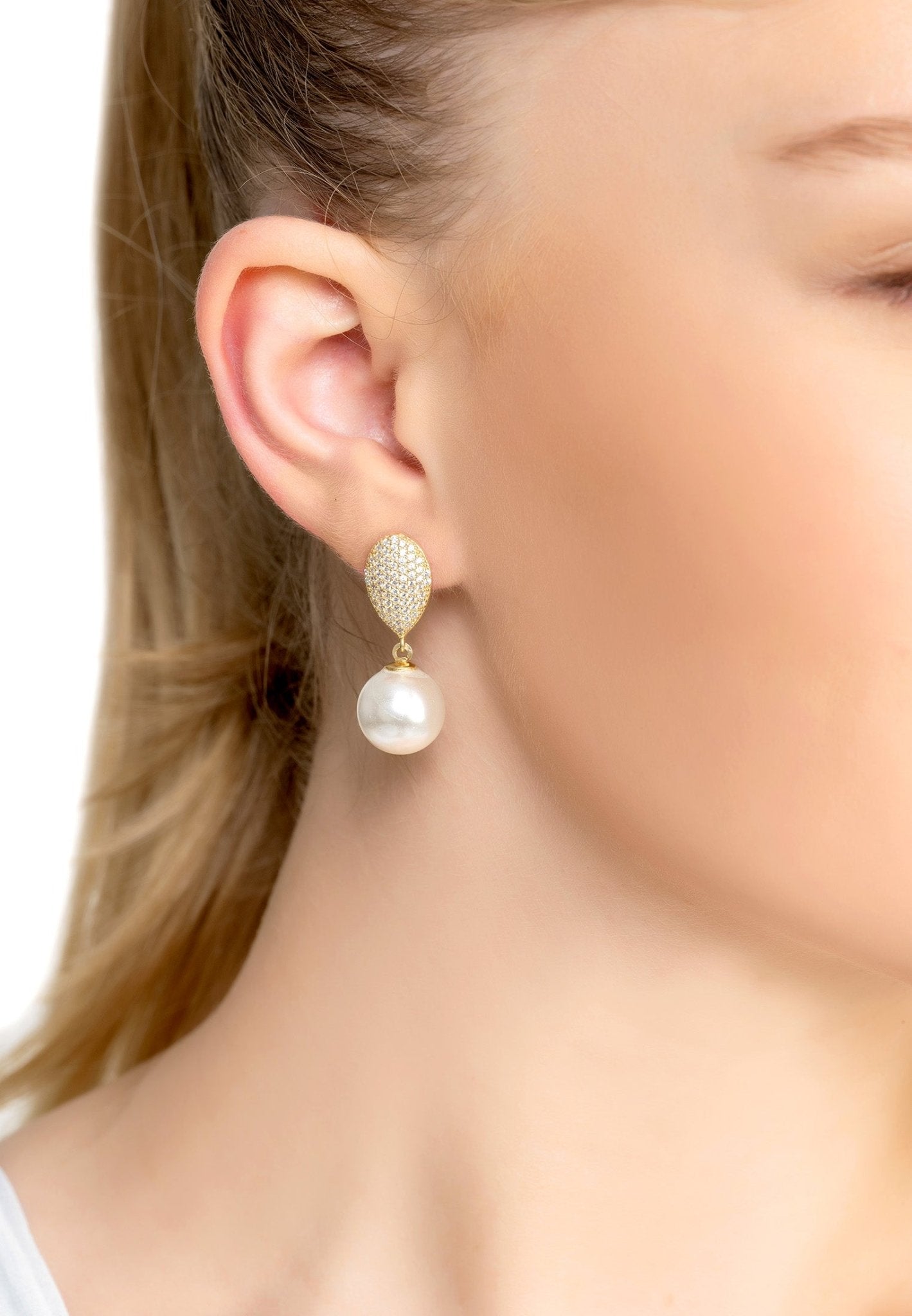 Elegant Pearl Classic Drop Earrings Gold featuring baroque pearls and zirconia accents, handcrafted in sterling silver with gold plating.