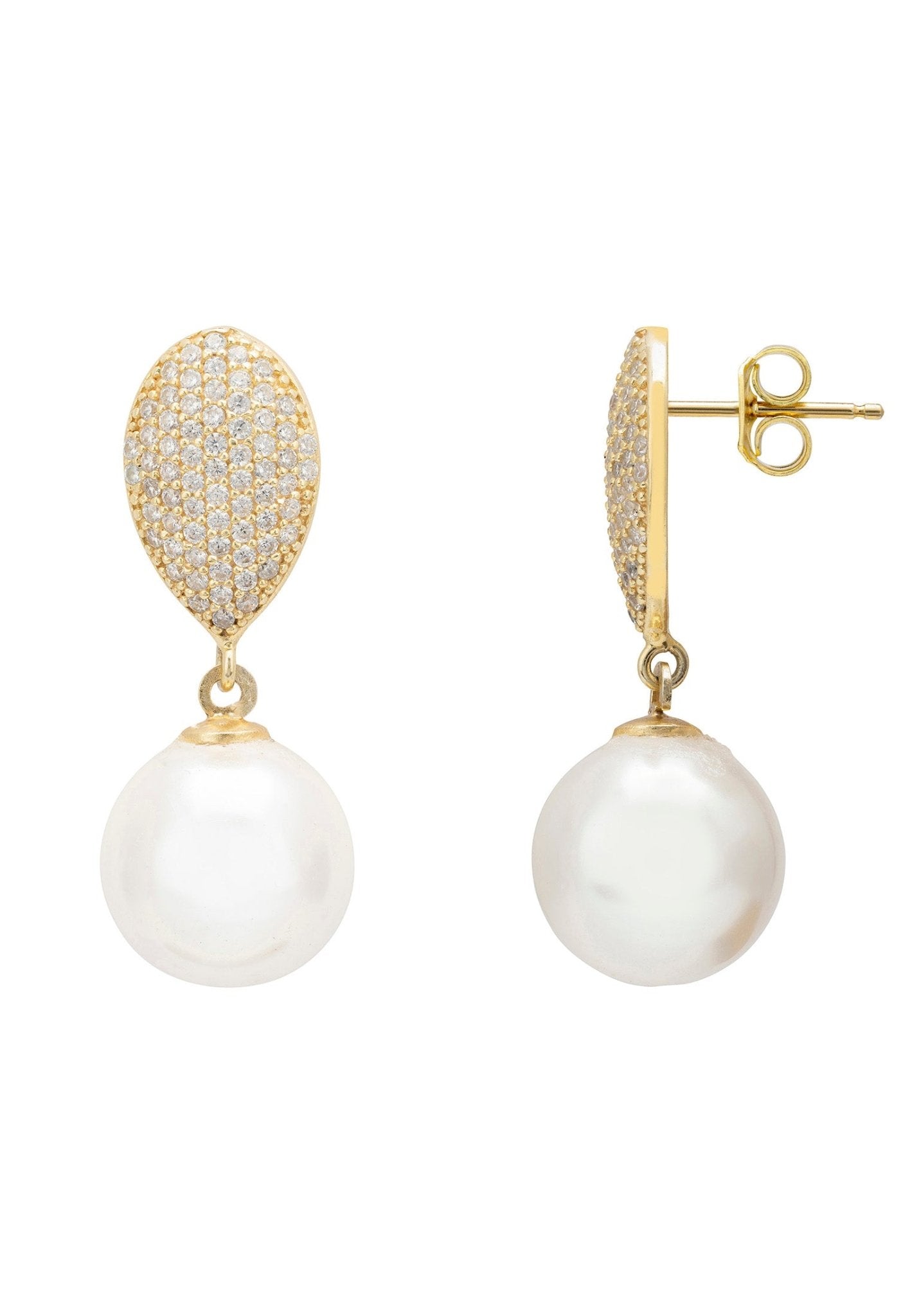 Elegant Pearl Classic Drop Earrings Gold featuring baroque pearls and zirconia accents, handcrafted in sterling silver with gold plating.