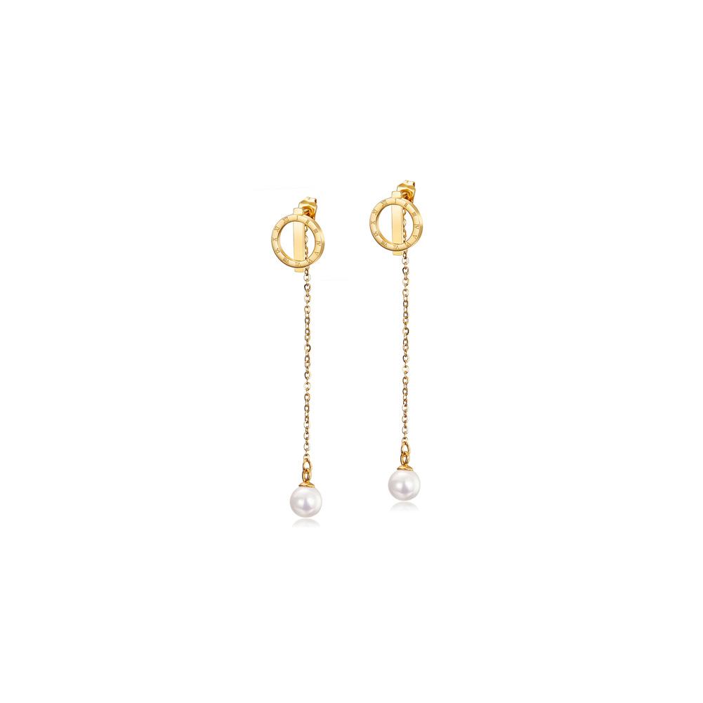 Elegant Pearl Front/Back Dangle Earrings made of surgical stainless steel with 14K gold PVD plating, featuring a unique design.