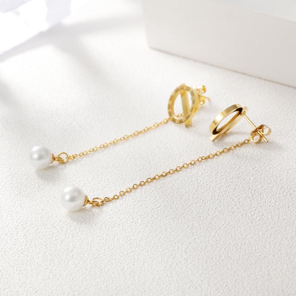 Elegant Pearl Front/Back Dangle Earrings made of surgical stainless steel with 14K gold PVD plating, featuring a unique design.