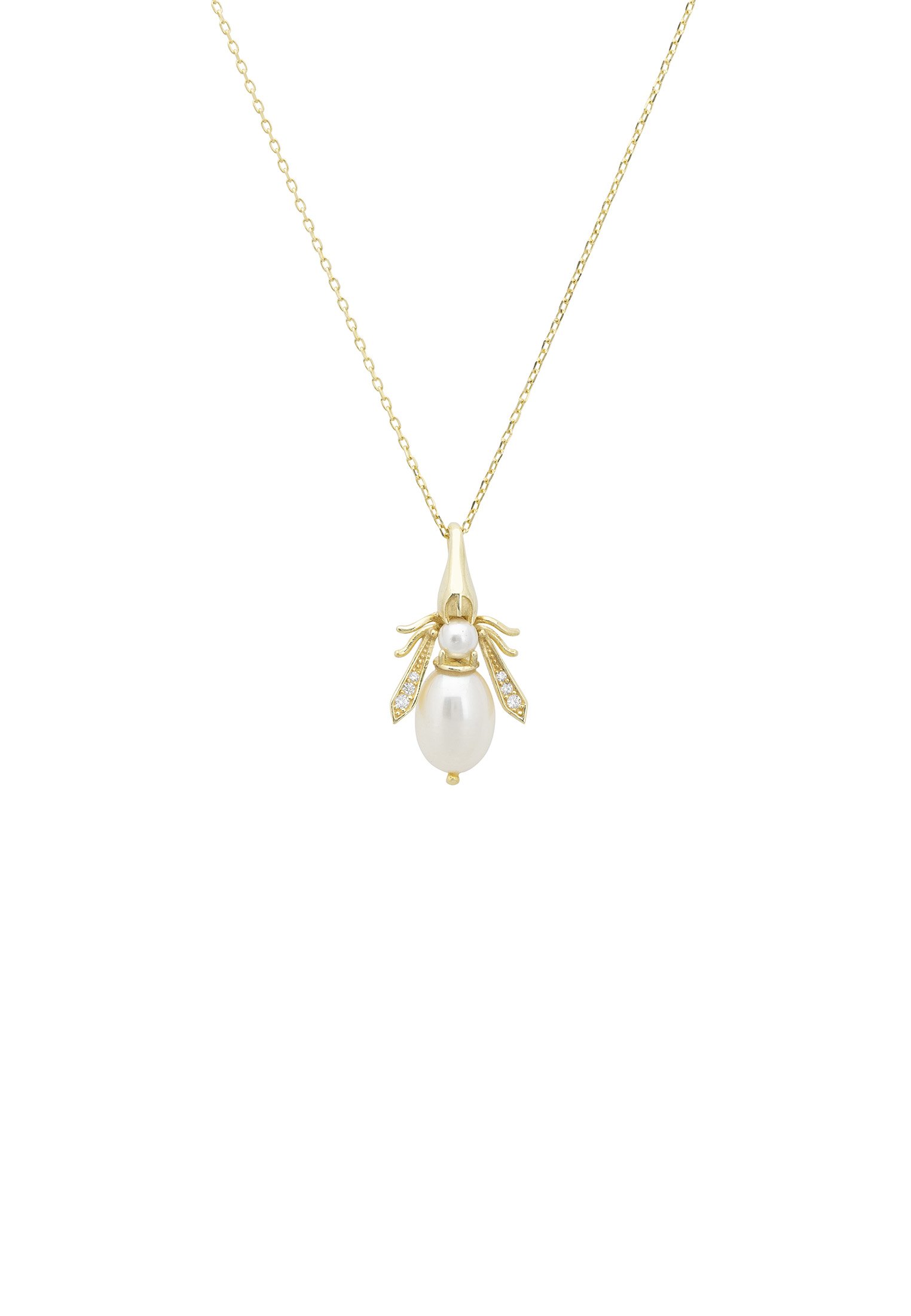 Elegant Pearl Gemstone Bee Pendant Necklace in gold, featuring a pearl body and 22ct gold dipped sterling silver chain.