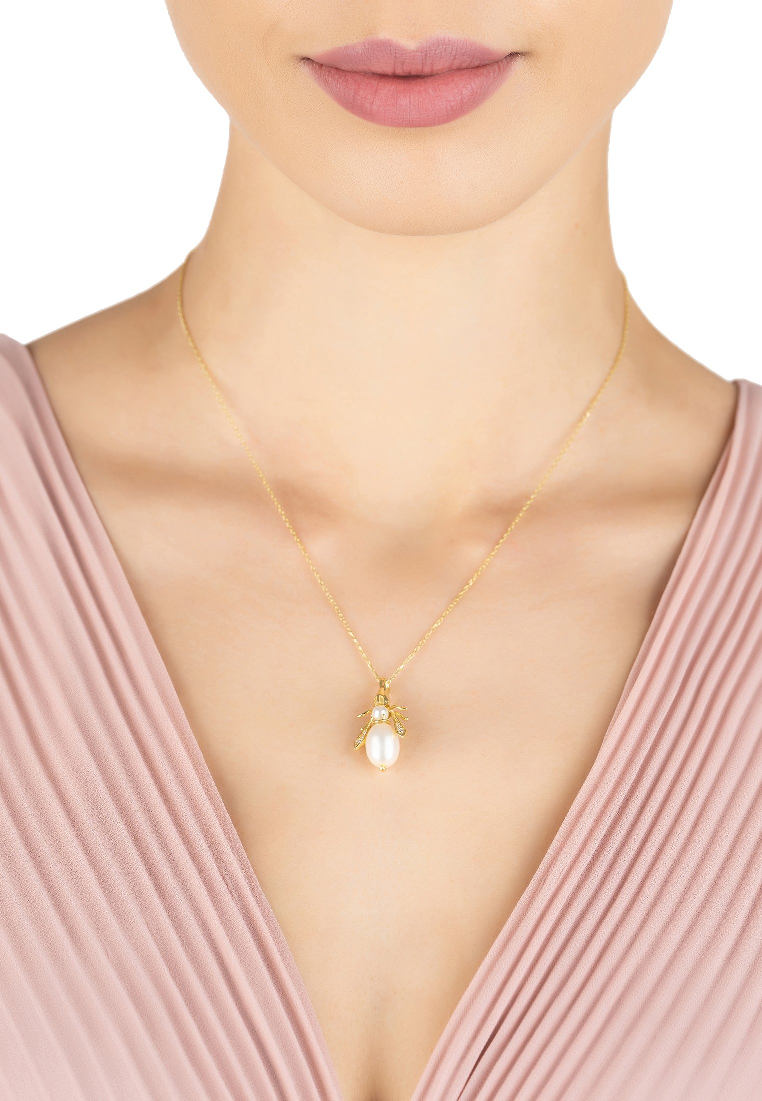 Elegant Pearl Gemstone Bee Pendant Necklace in gold, featuring a pearl body and 22ct gold dipped sterling silver chain.