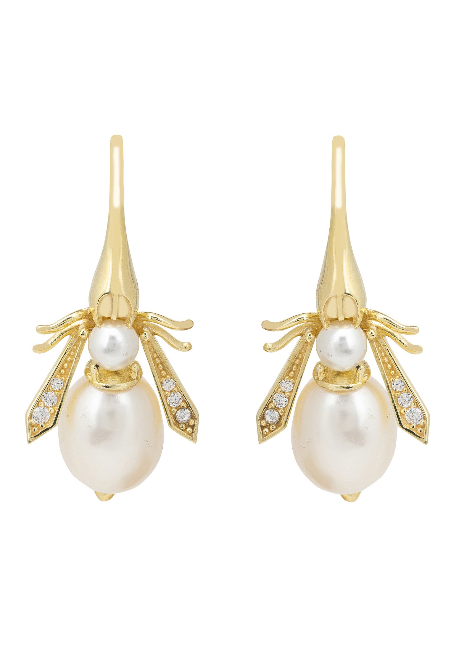 Elegant Pearl Honey Bee Earrings in Gold, handcrafted with sterling silver and adorned with pearls.