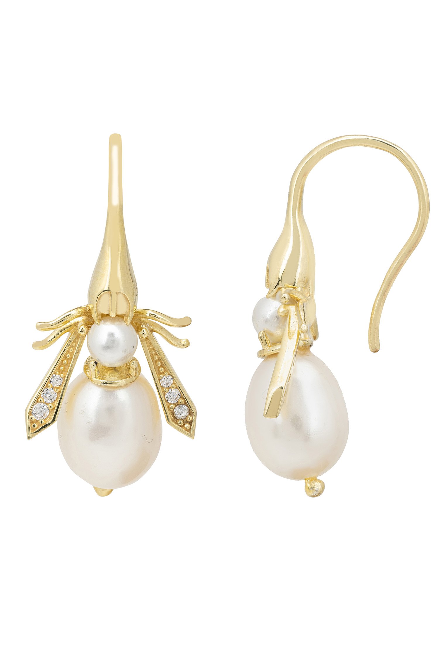 Elegant Pearl Honey Bee Earrings in Gold, handcrafted with sterling silver and adorned with pearls.