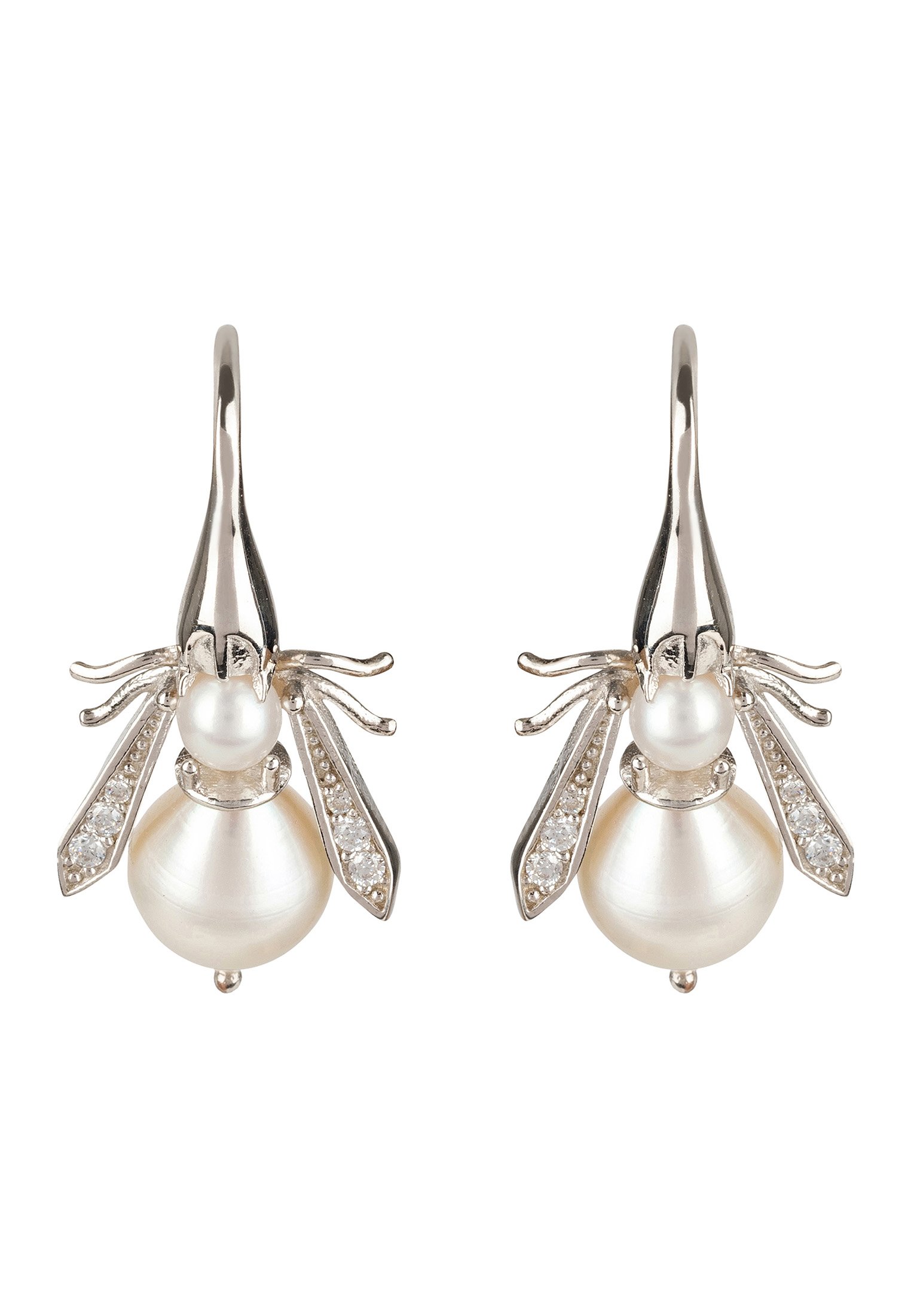 Elegant silver earrings featuring a honey bee design with a pearl body, perfect for adding charm to any outfit.