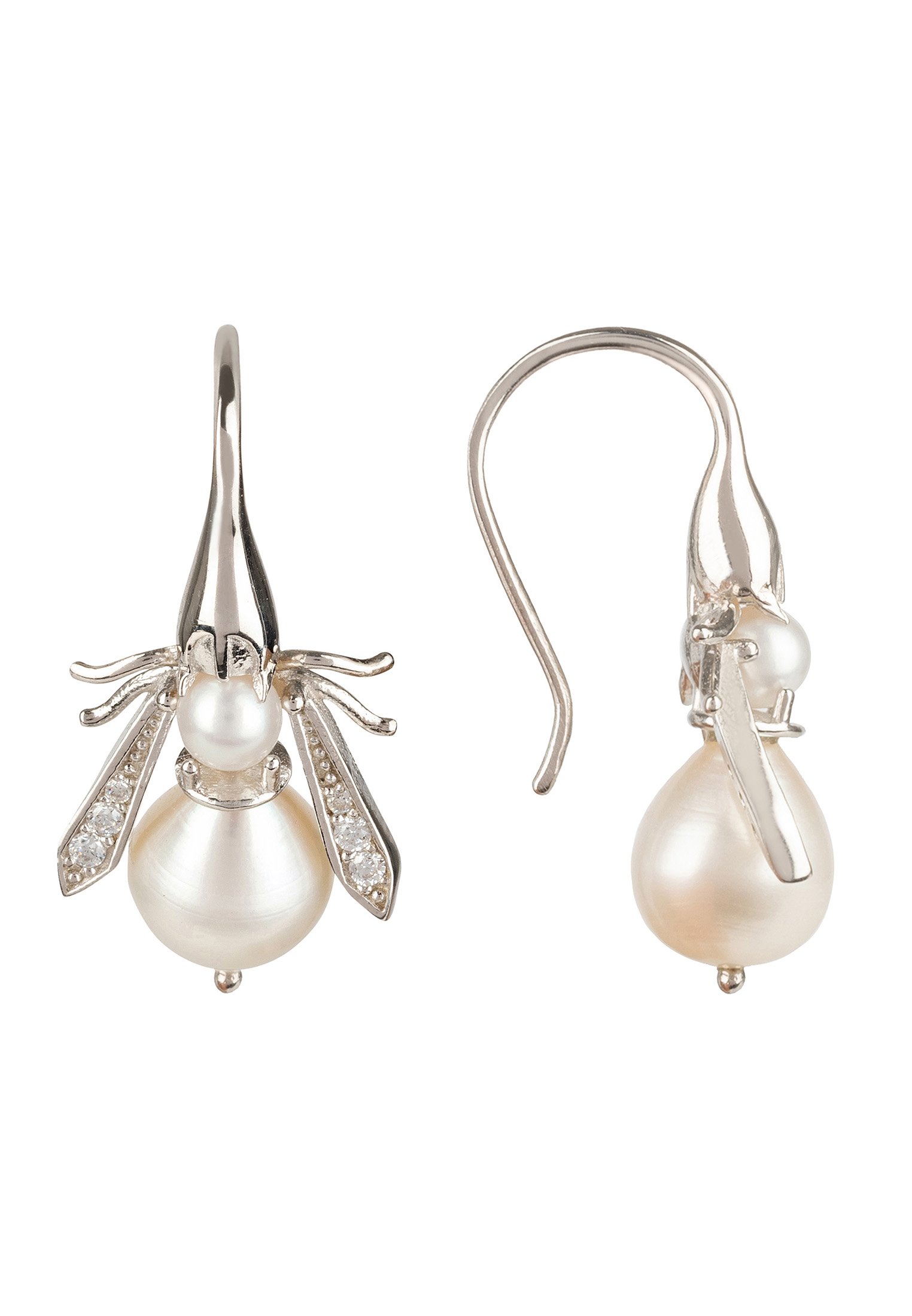 Elegant silver earrings featuring a honey bee design with a pearl body, perfect for adding charm to any outfit.