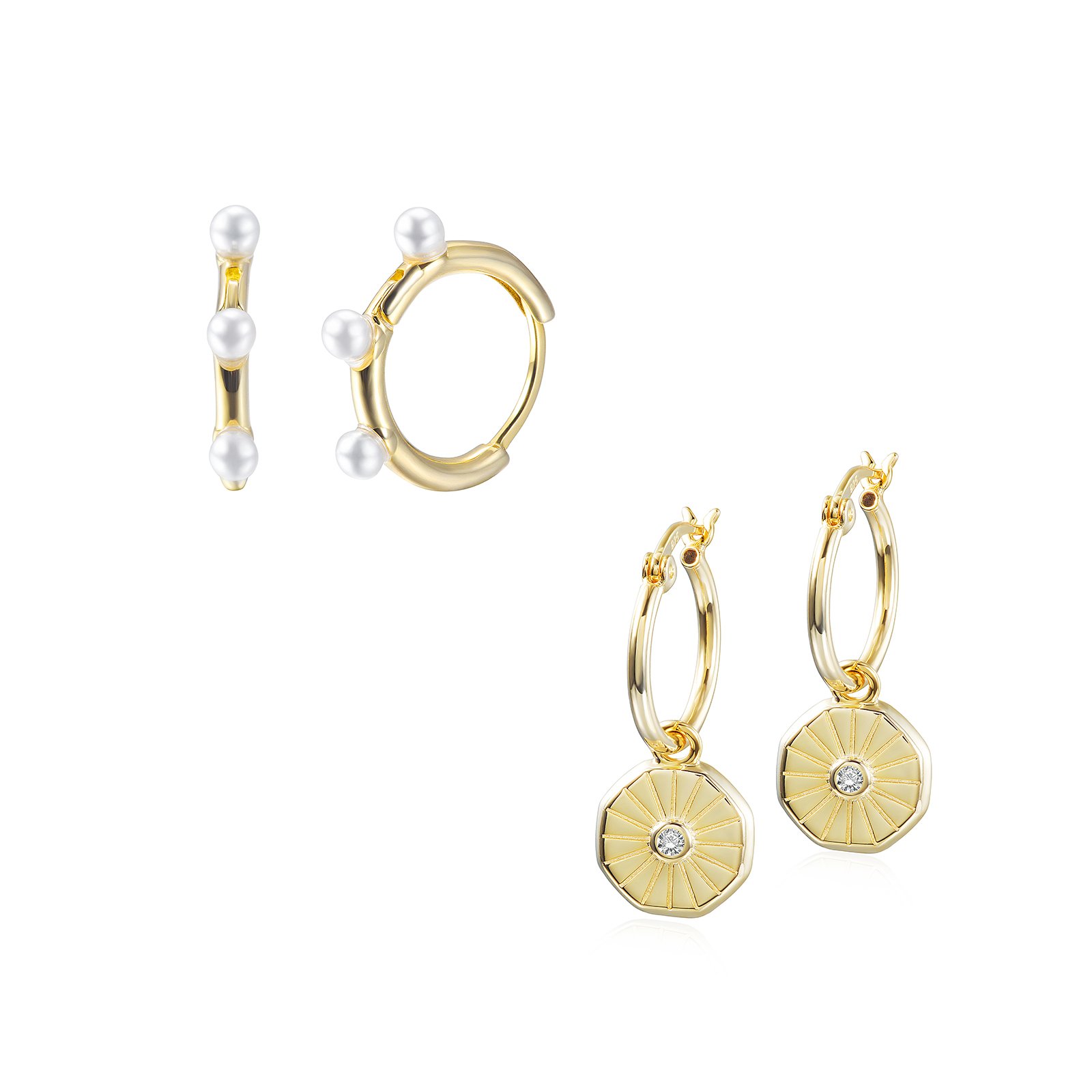 A pair of elegant Pearl Sunburst Earrings featuring freshwater pearls and sun charm designs, set in 18K gold plated sterling silver.