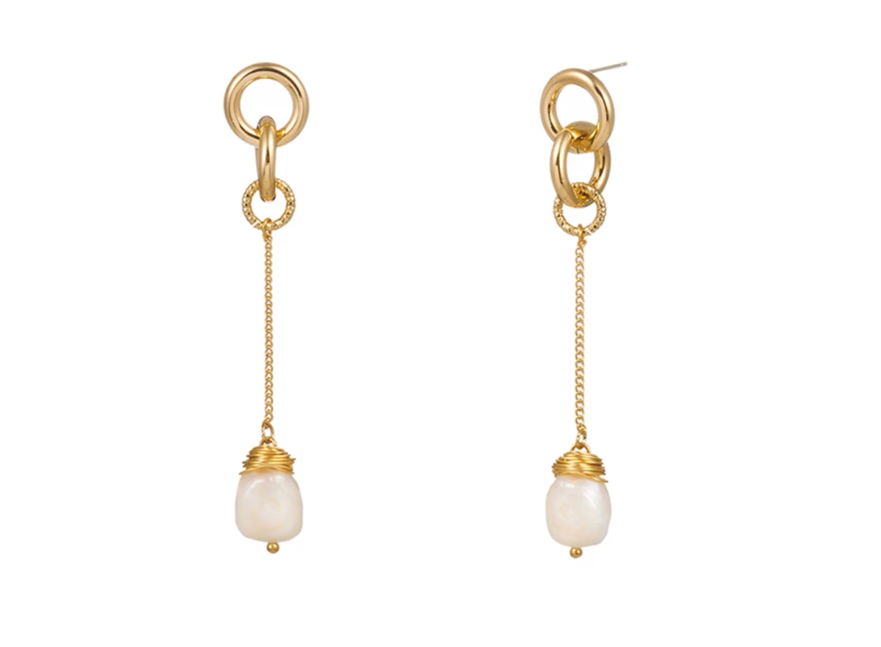 Elegant gold drop earrings featuring unique Baroque freshwater pearls and sparkling cubic zirconia, perfect for any occasion.