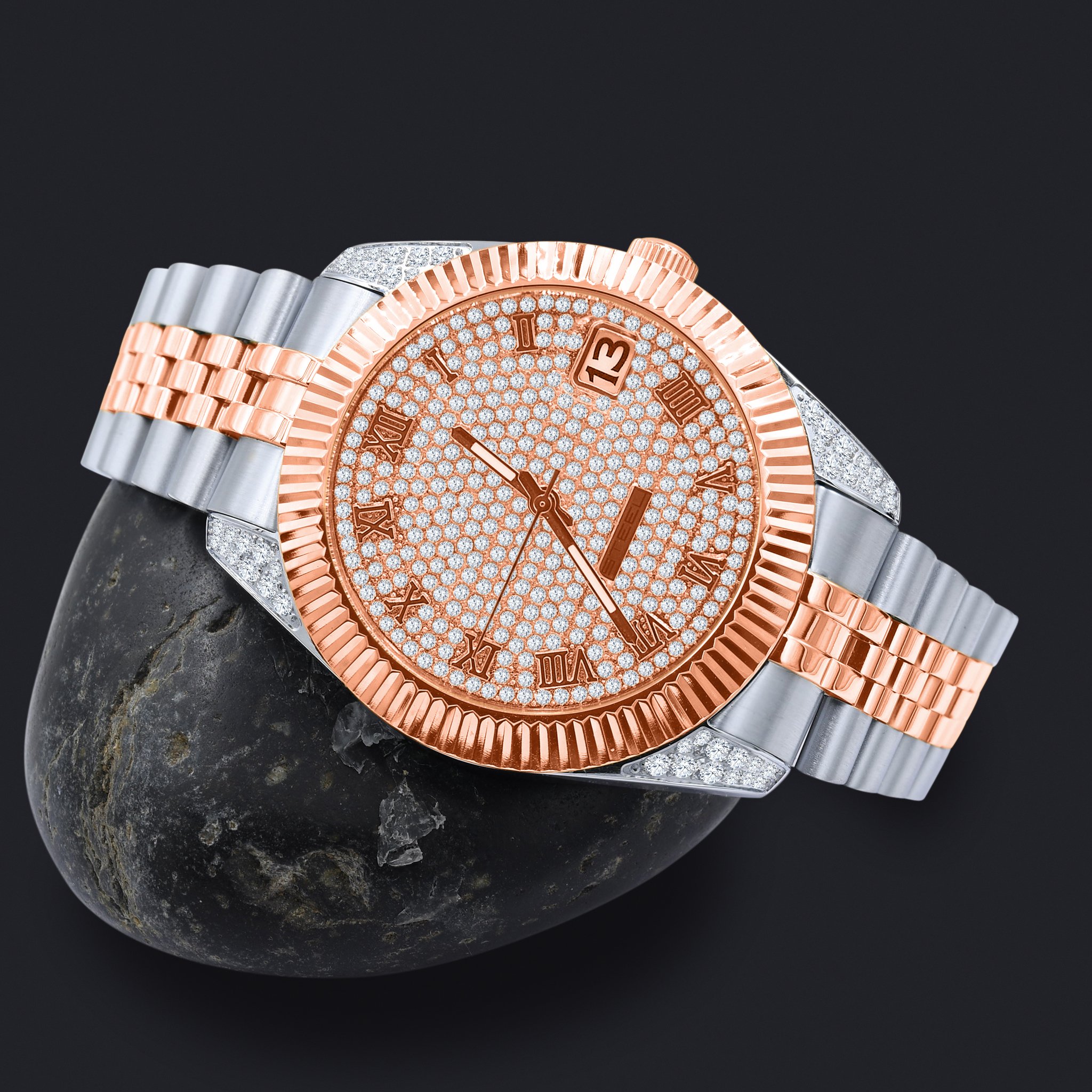 PEART Steel Timepiece featuring a stainless steel strap and cubic zircon stone embellishments, showcasing Roman indices and a date-display window.