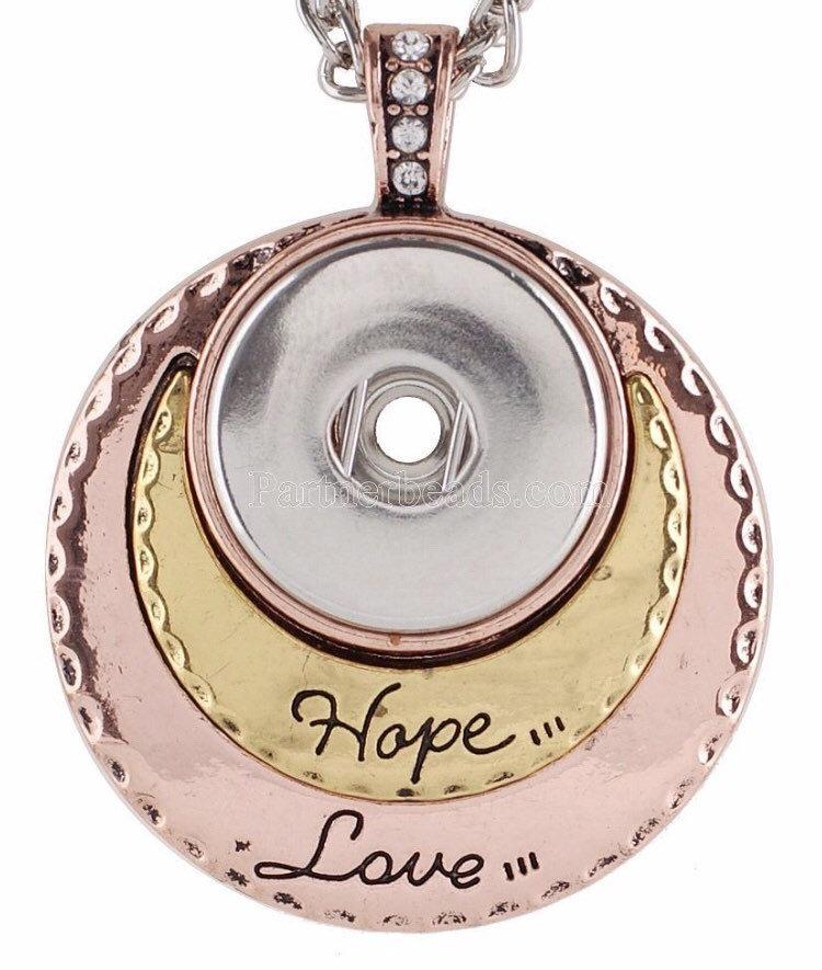 Hope Love Snap Pendant with silver plated chain and customizable snap charm, showcasing a three-tiered design.