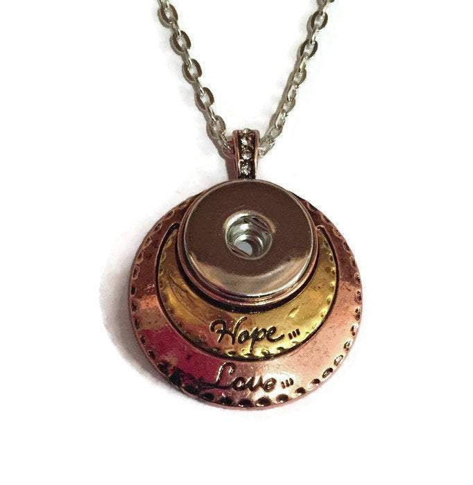 Hope Love Snap Pendant with silver plated chain and customizable snap charm, showcasing a three-tiered design.