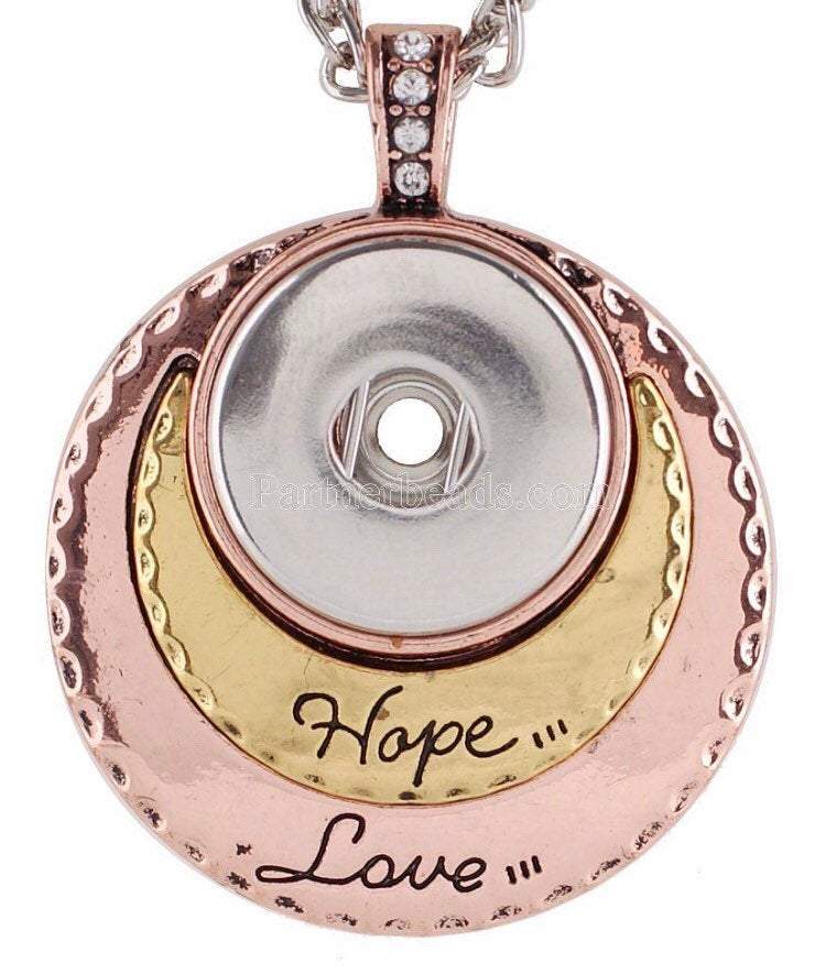 Hope Love Snap Pendant with silver plated chain and customizable snap charm, showcasing a three-tiered design.